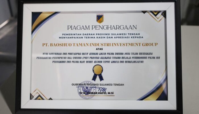 Taat Bayar Pajak, BTIIG Raih Penghargaan Gubernur di HUT Sulteng ke-62 Dukung Pembangunan Daerah Lewat Pajak